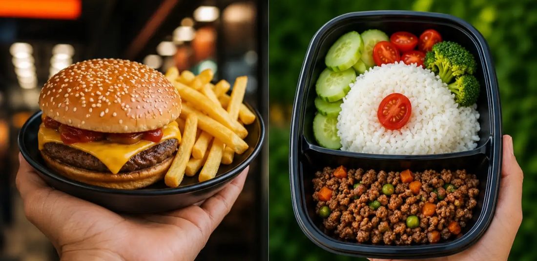 A la izquierda, una hamburguesa con papas fritas. A la derecha, una bandeja de D.D Fit Meals con carne, arroz y vegetales.