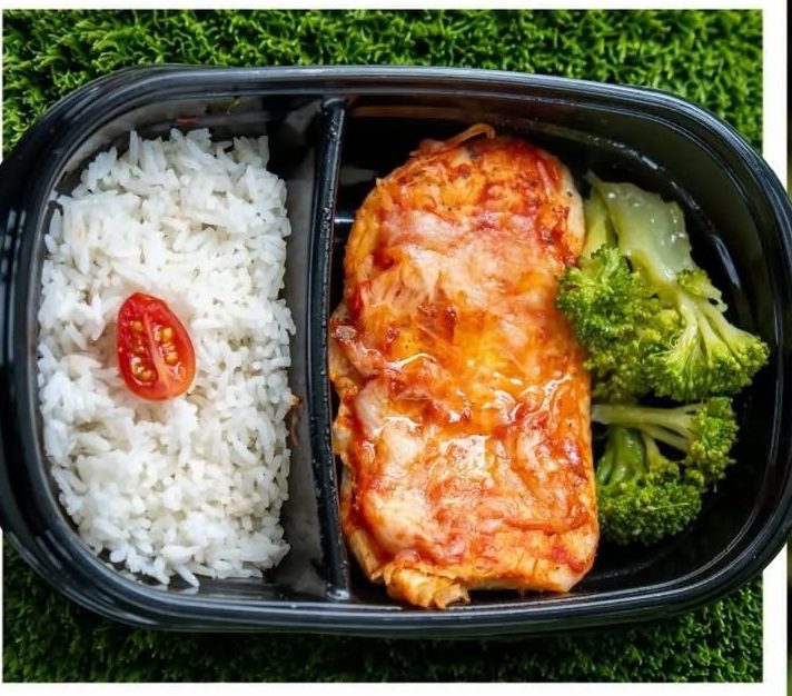 Bandeja con pollo en salsa, arroz blanco y brócoli, vista desde arriba